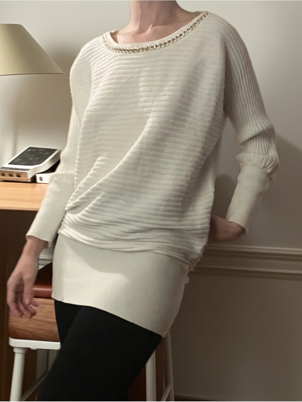 Jennifer Lopez Cream Ribbed Boatneck Sweater with Gold Chain Trim
